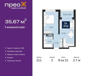 1-к квартира, вторичка, 36м2, 8/21 этаж