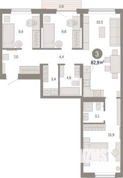 3-к квартира, вторичка, 83м2, 6/7 этаж