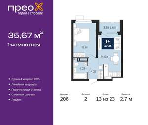 1-к квартира, вторичка, 36м2, 13/22 этаж