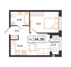 1-к квартира, строящийся дом, 34м2, 20/24 этаж