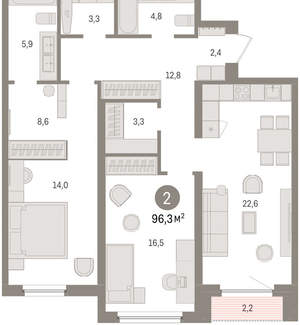 2-к квартира, вторичка, 96м2, 9/16 этаж