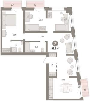 2-к квартира, вторичка, 99м2, 2/8 этаж