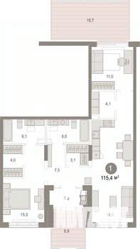 1-к квартира, вторичка, 115м2, 1/7 этаж