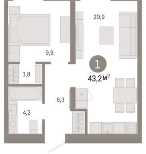 1-к квартира, вторичка, 43м2, 2/16 этаж
