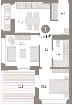 1-к квартира, вторичка, 63м2, 13/25 этаж
