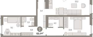 2-к квартира, вторичка, 68м2, 6/16 этаж