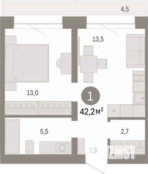 1-к квартира, вторичка, 42м2, 3/8 этаж