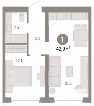 1-к квартира, вторичка, 43м2, 2/7 этаж