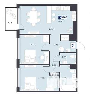 2-к квартира, строящийся дом, 59м2, 3/14 этаж
