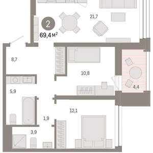 2-к квартира, вторичка, 69м2, 6/8 этаж