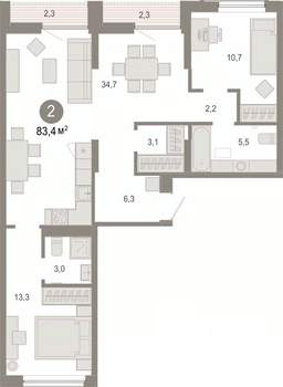2-к квартира, вторичка, 83м2, 6/9 этаж