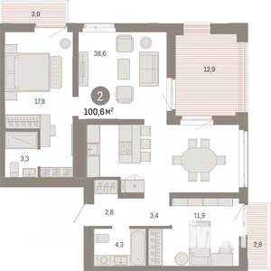 2-к квартира, вторичка, 101м2, 6/9 этаж