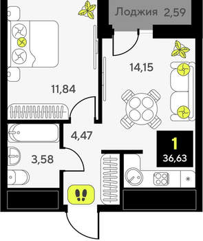 1-к квартира, вторичка, 37м2, 13/14 этаж