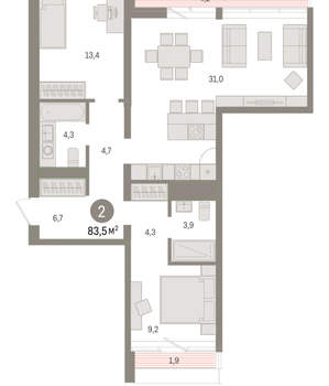 2-к квартира, вторичка, 83м2, 6/9 этаж