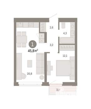 1-к квартира, вторичка, 46м2, 4/8 этаж