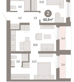 1-к квартира, вторичка, 61м2, 8/16 этаж