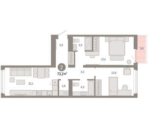 2-к квартира, вторичка, 73м2, 5/25 этаж