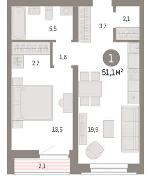 1-к квартира, вторичка, 51м2, 6/10 этаж