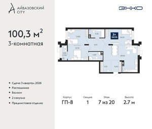 3-к квартира, вторичка, 100м2, 7/24 этаж