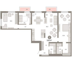 3-к квартира, вторичка, 129м2, 7/16 этаж