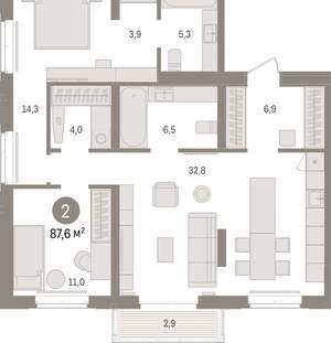 2-к квартира, вторичка, 88м2, 3/16 этаж