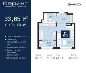 1-к квартира, вторичка, 34м2, 9/22 этаж