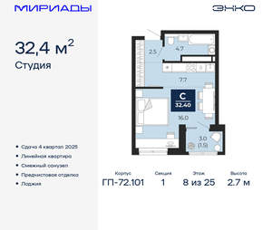 Студия квартира, вторичка, 32м2, 8/25 этаж