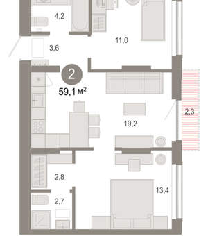 2-к квартира, вторичка, 59м2, 3/17 этаж
