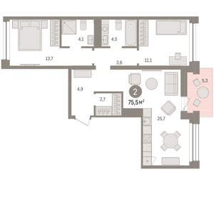 2-к квартира, вторичка, 75м2, 6/8 этаж