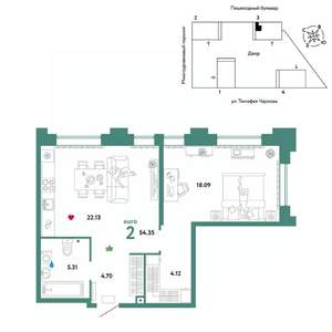 2-к квартира, вторичка, 54м2, 21/31 этаж
