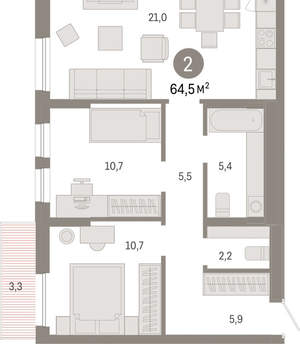 2-к квартира, вторичка, 65м2, 2/17 этаж