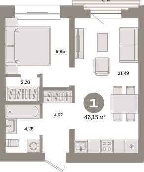 1-к квартира, вторичка, 46м2, 5/8 этаж