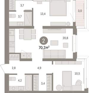 2-к квартира, вторичка, 70м2, 4/16 этаж