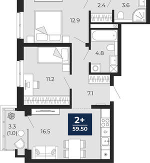 2-к квартира, вторичка, 60м2, 11/16 этаж