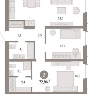 2-к квартира, вторичка, 73м2, 2/16 этаж