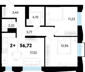 2-к квартира, строящийся дом, 57м2, 3/16 этаж