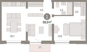 1-к квартира, вторичка, 57м2, 7/10 этаж