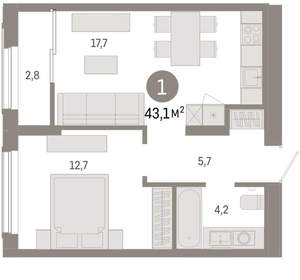 1-к квартира, вторичка, 43м2, 13/17 этаж