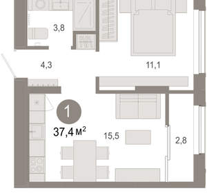1-к квартира, вторичка, 37м2, 7/17 этаж