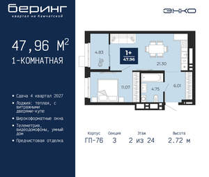 1-к квартира, вторичка, 48м2, 2/24 этаж