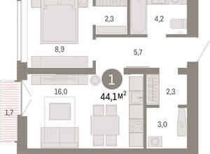 1-к квартира, вторичка, 44м2, 7/16 этаж