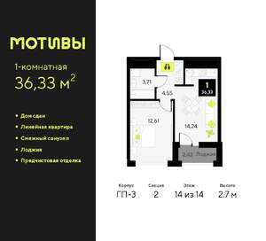 1-к квартира, сданный дом, 36м2, 14/14 этаж