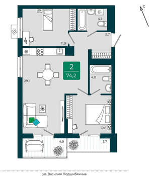 2-к квартира, вторичка, 74м2, 3/16 этаж