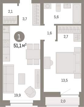 1-к квартира, вторичка, 51м2, 8/10 этаж