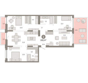3-к квартира, вторичка, 135м2, 2/16 этаж