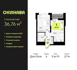 1-к квартира, вторичка, 37м2, 9/19 этаж