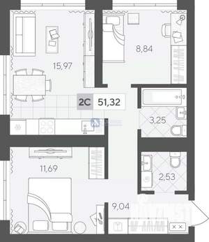 2-к квартира, вторичка, 51м2, 8/17 этаж