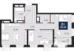 2-к квартира, вторичка, 62м2, 6/24 этаж