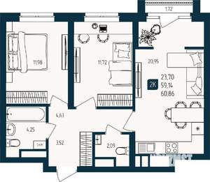 2-к квартира, строящийся дом, 59м2, 23/25 этаж