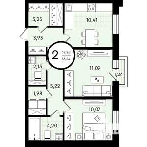 2-к квартира, вторичка, 54м2, 3/4 этаж